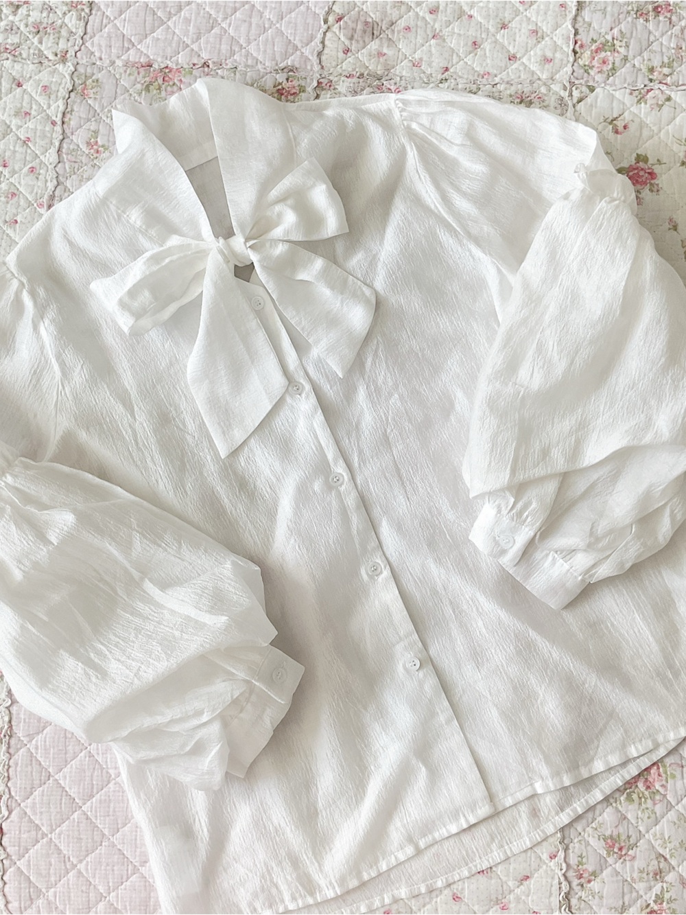 White Bow Tie Puff Sleeve Button up Blouse